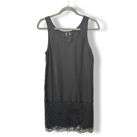 Valette Black Satin Lace Trim Scoop Neck Slip Dress - Picture 1 of 5